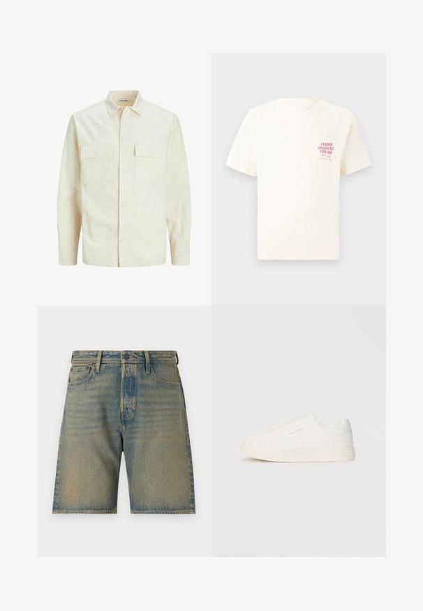 Svetlo béžová košeľa s dlhým rukávom, s golierom, dvoma prednými vreckami, zapínaním na gombíky a textúrovanou látkou.; Biele tričko s krátkym rukávom s červeným textom "Studio Originals Edition" na ľavej hrudi, zobrazené na neutrálnom šedom pozadí.; Džínové šortky v svetlom modrom prevedení so zjemneným praním. Obsahujú päť vreciek, zips, zapínanie na gombík a pevnú niť po okrajoch.; Biele slip-on tenisky s textúrovaným povrchom, hrubou podrážkou a minimalistickým dizajnom. Obsahuje logo značky na boku.