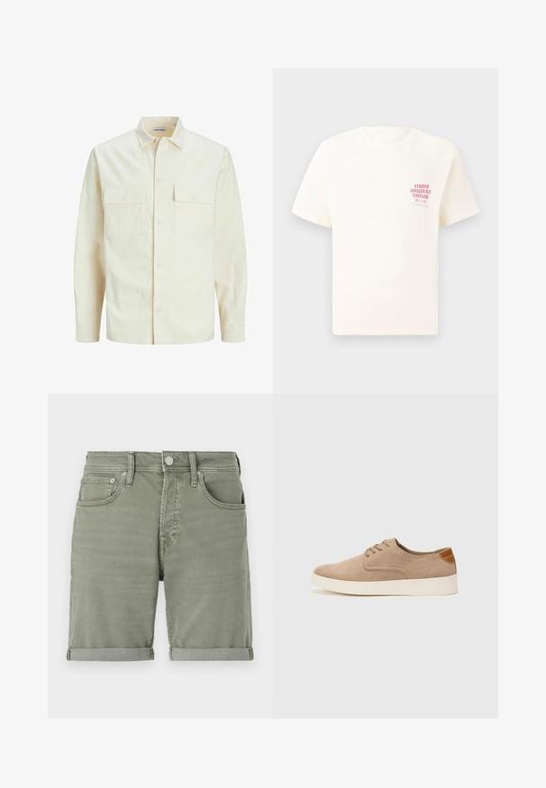 Šviesiai smėlio spalvos ilgomis rankovėmis marškiniai su apykakle, dviem priekinėmis kišenėmis, mygtukų uždarymu ir tekstūruota medžiaga.; Balta trumpa rankovėmis marškinėliai su raudonu užrašu "Studio Originals Edition" kairiajame krūtinės šone, rodomi neutralioje pilkoje aplinkoje.; Žalios džinsinės šortai su suktuku, turi priekinės kišenes, mygtuko uždarymą ir šiek tiek išblukusį atspalvį, suteikiantį kasdienišką išvaizdą.; Bežiniai zomšiniai sportbačiai su apvaliomis pirštų dalimis, raišteliais priekyje ir tekstūruotu užkulniu. Balta guma suteikia kontrastą. Paprastas ir modernus dizainas.