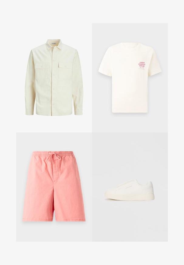Svijetlo bež košulja dugih rukava s ovratnikom, dva prednja džepa, zatvaranje na dugmad i teksturirani materijal.; Bijela kratka majica s kratkim rukavima s crvenim natpisom "Studio Originals Edition" na lijevoj strani grudi, prikazana na neutralnoj sivoj pozadini.; Svijetloružičaste hlače kratkog kroja od pamuka, s elastičnom gumom u struku i vezicom, te jednim prednim džepom sa šivenim šavom.; Bijele slip-on tenisice s teksturiranom površinom, debelim đonom i minimalističkim dizajnom. Sadrže logo branda sa strane.