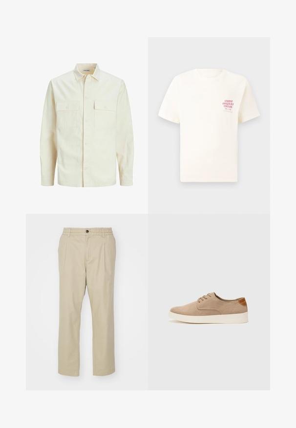 Chemise longue à manches longues beige clair avec un col, deux poches frontales, fermeture à boutons et un tissu texturé.; T-shirt blanc à manches courtes avec le texte rouge "Édition Originals du Studio" sur la poitrine gauche, présenté sur un fond gris neutre.; Jack & Jones JPSTKARL JJLAWRENCE SOUTH - Pantalon classique - crockery; Baskets en daim beige avec un embout arrondi, un laçage sur le devant et un accent texturé à l'arrière. La semelle en caoutchouc blanche offre un contraste. Design simple et moderne.