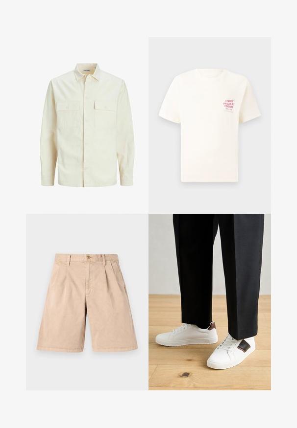 Chemise longue à manches longues beige clair avec un col, deux poches frontales, fermeture à boutons et un tissu texturé.; T-shirt blanc à manches courtes avec le texte rouge "Édition Originals du Studio" sur la poitrine gauche, présenté sur un fond gris neutre.; Shorts beiges en coton, au design droit, avec un devant plissé, des poches latérales et une fermeture à un bouton à la taille.; Des sneakers blanches au texture lisse, avec des accents en cuir marron et des détails noirs, assorties à un pantalon noir ajusté. Fond en parquet.