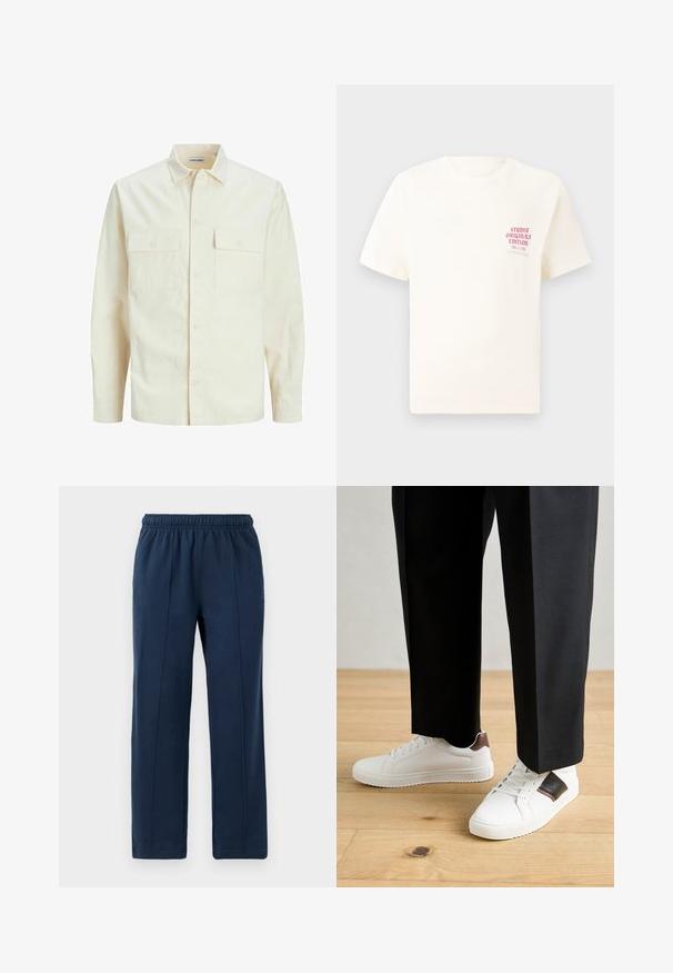Svetlo béžová košeľa s dlhým rukávom, s golierom, dvoma prednými vreckami, zapínaním na gombíky a textúrovanou látkou.; Biele tričko s krátkym rukávom s červeným textom "Studio Originals Edition" na ľavej hrudi, zobrazené na neutrálnom šedom pozadí.; Tmavomodré nohavice s elastickým pásom a voľným strihom. Obsahujú vertikálne švy a mäkkú bavlnenú textúru.; Biele tenisky s hladkým povrchom, s hnedými koženými akcentmi a čiernymi detailmi, spárované s čiernymi elegantnými nohavicami. Pozadím je drevená podlaha.