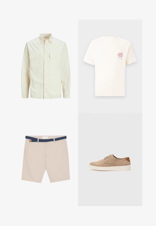 Svetlo bež srajca z dolgimi rokavi, ovratnim izrezom, dvema sprednjima žepoma, zapenjanjem na gumbe in teksturirano tkanino.; Bela majica s kratkimi rokavi z rdečim napisom "Studio Originals Edition" na levi strani prsnega koša, prikazana na nevtralnem sivo backgroundu.; Bež kratke hlače z tkanim modrim pasom. Imajo sprednje žepe, rjav usnjen poudarek in sproščen dizajn, primeren za toplo vreme.; Bež tkanine usnjene superge z zaobljenim nosom, vezalkami na sprednji strani in teksturiranim zadnjim detajlom. Belo gumijasto podplato zagotavlja kontrast. Enostaven in sodoben dizajn.