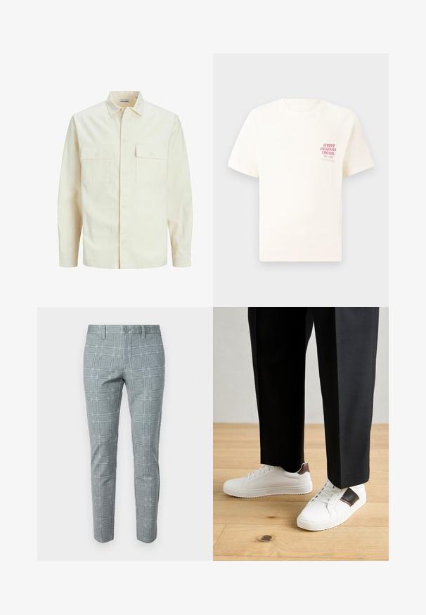 Világos bézs színű, hosszú ujjú ing, galléros nyakkal, két elülső zsebbel, gombos záródással és struktúrált anyaggal.; Fehér, rövid ujjú póló, bal mellen piros szöveggel "Studio Originals Edition", semleges szürke háttér előtt.; Szürke kockás nadrág, amely testhezálló fazonnal, gombos záródással és sima textúrájú szövettel rendelkezik, amely rácsos mintázatú.; Fehér sneaker, sima textúrával, barna bőr díszítéssel és fekete részletekkel, fekete szabott nadrággal párosítva. Fából készült padló háttér.