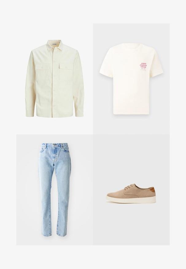 Chemise longue à manches longues beige clair avec un col, deux poches frontales, fermeture à boutons et un tissu texturé.; T-shirt blanc à manches courtes avec le texte rouge "Édition Originals du Studio" sur la poitrine gauche, présenté sur un fond gris neutre.; Jeans en denim bleu clair avec une coupe droite, style cinq poches et taille haute. Peu de décoloration et pas d'ornements visibles.; Baskets en daim beige avec un embout arrondi, un laçage sur le devant et un accent texturé à l'arrière. La semelle en caoutchouc blanche offre un contraste. Design simple et moderne.