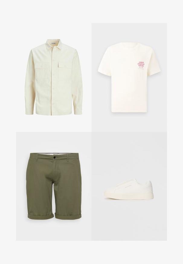 Lichtbeige langemouwen shirt met een kraaghalslijn, twee voorzakken, knoopsluiting en een gestructureerde stof.; Witte T-shirt met korte mouwen met rode tekst "Studio Originals Edition" op de linker borst, weergegeven op een neutrale grijze achtergrond.; Olijfgroene shorts met een gladde textuur, omgerolde zoom, knoop aan de voorkant van de tailleband en zijzakken. Eenvoudig, op maat gemaakt ontwerp voor casual gebruik.; Witte instap sneakers met een gestructureerd oppervlak, een dikke zool en een minimalistisch ontwerp. Bevat het merklogo aan de zijkant.