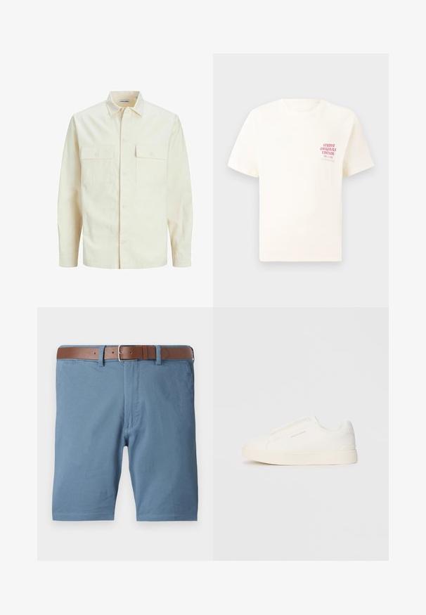 Hellbeige Langarmhemd mit klassischem Kragen, zwei Fronttaschen, Knopfverschluss und strukturiertem Stoff.; Weißes T-Shirt mit kurzen Ärmeln und rotem Text "Studio Originals Edition" auf der linken Brust, präsentiert vor einem neutralen grauen Hintergrund.; Blaue Baumwollkurze Hosen mit einem braunen Ledergürtel, gerader Schnitt, Vordertaschen und einem sauberen Abschluss an den Säumen.; Weiße Slip-On-Sneaker mit einer strukturierten Oberfläche, dicker Sohle und minimalistischem Design. Mit Logo der Marke an der Seite.