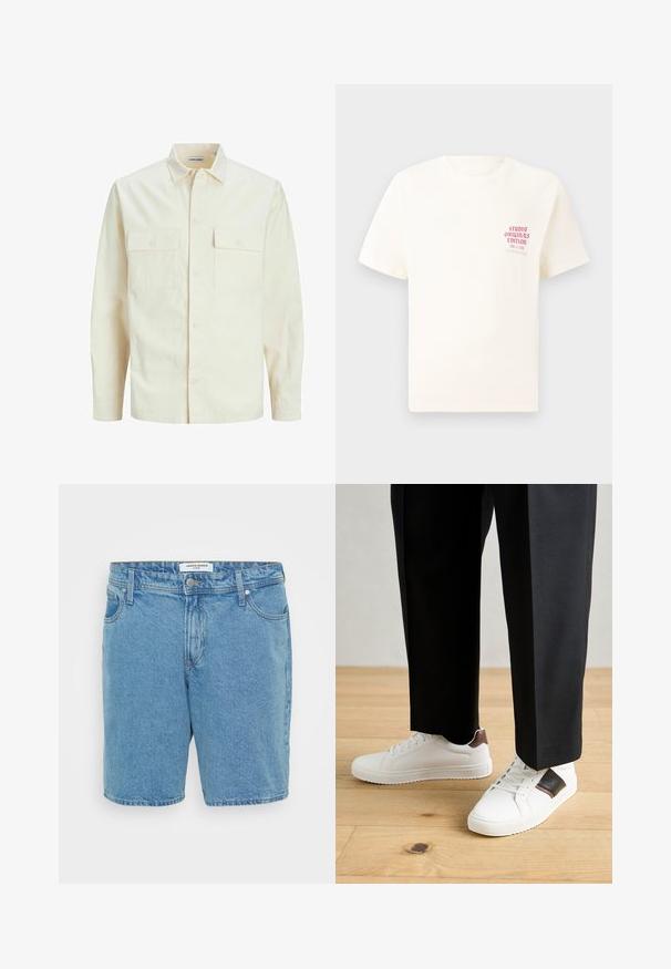 Camisa de manga larga color beige claro con cuello, dos bolsillos frontales, cierre de botones y una tela texturizada.; Camiseta blanca de manga corta con el texto rojo "Edición de Studio Originals" en el lado izquierdo del pecho, exhibida sobre un fondo gris neutro.; Bermudas de mezclilla azul claro con un corte clásico. Presentan cinco bolsillos, un cierre de botón y una sutil textura desgastada. Están hechas de algodón.; Zapatillas blancas con textura suave, con acentos de cuero marrón y detalles en negro, combinadas con pantalones negros ajustados. Fondo de suelo de madera.