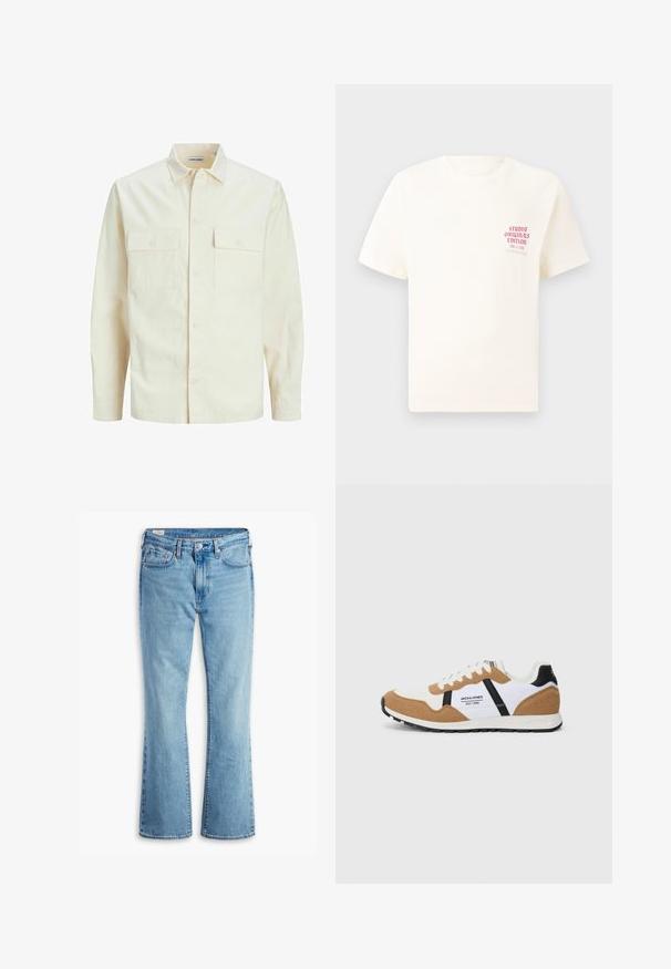 Svetlo bež srajca z dolgimi rokavi, ovratnim izrezom, dvema sprednjima žepoma, zapenjanjem na gumbe in teksturirano tkanino.; Bela majica s kratkimi rokavi z rdečim napisom "Studio Originals Edition" na levi strani prsnega koša, prikazana na nevtralnem sivo backgroundu.; Svijetloplave traperice sa širokim nogavicama i visokim strukom, s prednjim džepovima, zatvaranjem na dugme i izbjeljenom teksturom za vintage izgled.; Povratni stil tenisic z belim in peščeno rjavim semišem, črnimi akcenti, belimi vezalkami in logotipom "Jack & Jones EST. 1990" na strani.
