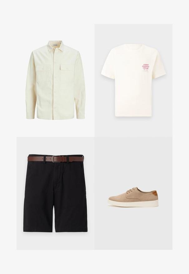 Vaaleanbeige pitkähihaisen paidan, jossa on kaulukset, kaksi etutaskua, nappikiinnitys ja tekstiilissä on tekstuuria.; Valkoinen lyhythihainen t-paita, jossa on punainen teksti "Studio Originals Edition" vasemmalla rinnalla, esitetty neutraalilla harmaalla taustalla.; Mustat puuvillashortsit, joissa on ruskea nahkavyö. Suunnittelussa on etutaskut ja suora leikkaus viimeistellyillä helmillä.; Beige nubuck-lenkkarit, joissa on pyöreä kärki, nauhakiinnitys ja teksturoitu takaosa. Valkoinen kumipohja tuo kontrastia. Yksinkertainen ja moderni muotoilu.
