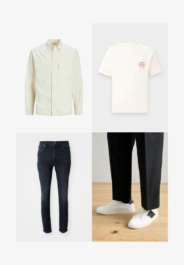 Hellbeige Langarmhemd mit klassischem Kragen, zwei Fronttaschen, Knopfverschluss und strukturiertem Stoff.; Weißes T-Shirt mit kurzen Ärmeln und rotem Text "Studio Originals Edition" auf der linken Brust, präsentiert vor einem neutralen grauen Hintergrund.; Dunkelblaue Denim-Jeans mit geradem Bein, Fünf-Taschen-Design und einem subtilen Waschungseffekt an den Oberschenkeln, mit einem Metallknopfverschluss.; Weiße Sneakers mit glatter Textur, versehen mit braunen Lederakzenten und schwarzen Details, kombiniert mit schwarzen maßgeschneiderten Hosen. Hintergrund aus Holzboden.