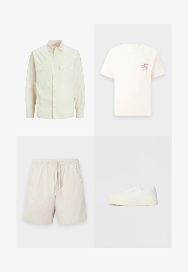 Kergedbež pika-särk pikkade varrukatega, krae ja kahe eespool asuva taskuga, nööpidega kinnitamine ja reljeefne materjal.; Valge lühikeste varrukatega T-särk, millel on vasakul rinnal punane tekst "Studio Originals Edition", esitatud neutraalsel hallil taustal.; Beeži puuvillased lühikesed püksid elastsest vöökohtast, reguleeritava nööri ja küljetaskutega. Omab siledat, kerget tekstuuri.; Valged libisemiskindlad tossud tekstuuriga pinnaga, paksu tallaga ja minimalistikus disainis. Küljel on brändi logo.