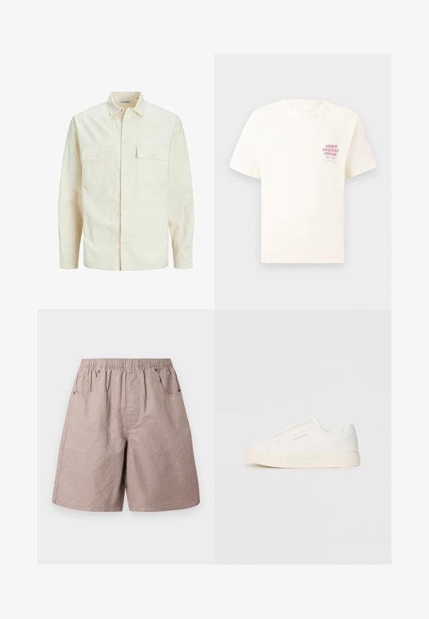 Šviesiai smėlio spalvos ilgomis rankovėmis marškiniai su apykakle, dviem priekinėmis kišenėmis, mygtukų uždarymu ir tekstūruota medžiaga.; Balta trumpa rankovėmis marškinėliai su raudonu užrašu "Studio Originals Edition" kairiajame krūtinės šone, rodomi neutralioje pilkoje aplinkoje.; Bežiniai medvilniniai šortai su elastinga juosta, dviem šoninėmis kišenėmis ir subtiliais siuvinėjimo akcentais. Lygi tekstūra, iki kelių siekiantis dizainas.; Baltos slip-on sportbačiai su tekstūruota paviršiumi, storesniu padu ir minimalistišku dizainu. Šone matosi prekės ženklo logotipas.