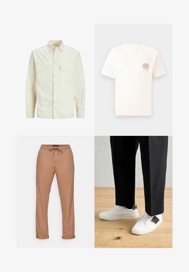 Light beige long-sleeve shirt with a collared neckline, two front pockets, button closure, and a textured fabric.; White short-sleeve T-shirt with red text "Studio Originals Edition" on left chest, displayed on a neutral gray background.; Tan cotton pants with a drawstring waist, straight leg design, side pockets, and cuffed hems. Smooth texture, minimal embellishments.; White sneakers with smooth texture, featuring brown leather accents and black detailing, paired with black tailored pants. Wooden floor background.