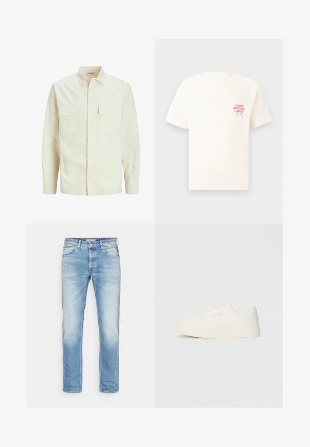 Svetlo bež srajca z dolgimi rokavi, ovratnim izrezom, dvema sprednjima žepoma, zapenjanjem na gumbe in teksturirano tkanino.; Bela majica s kratkimi rokavi z rdečim napisom "Studio Originals Edition" na levi strani prsnega koša, prikazana na nevtralnem sivo backgroundu.; Svjetloplave traperice izrađene od denima, s ravnim krojem, suptilnim izbljeđivanjem i klasičnim stilom s pet džepova. Srebrni detalji.; Bele zapete brez vezalk z teksturirano površino, debelim podplatom in minimalističnim dizajnom. Na strani se nahaja logotip blagovne znamke.