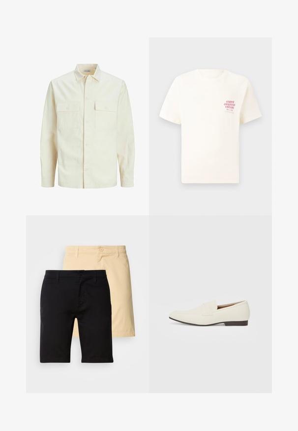 Hellbeige Langarmhemd mit klassischem Kragen, zwei Fronttaschen, Knopfverschluss und strukturiertem Stoff.; Weißes T-Shirt mit kurzen Ärmeln und rotem Text "Studio Originals Edition" auf der linken Brust, präsentiert vor einem neutralen grauen Hintergrund.; Schwarze und beigefarbene Shorts aus Baumwolle, mit Knopfverschluss, Gürtelschlaufen und geradem Schnitt. Die schwarzen Shorts befinden sich vorne.; Hellbeige Slipper mit spitzem Zehenbereich, glattem Material, einem Riemen über dem Vorderfuß und einer niedrigen braunen Sohle. Einfaches Design mit minimalen Akzenten.