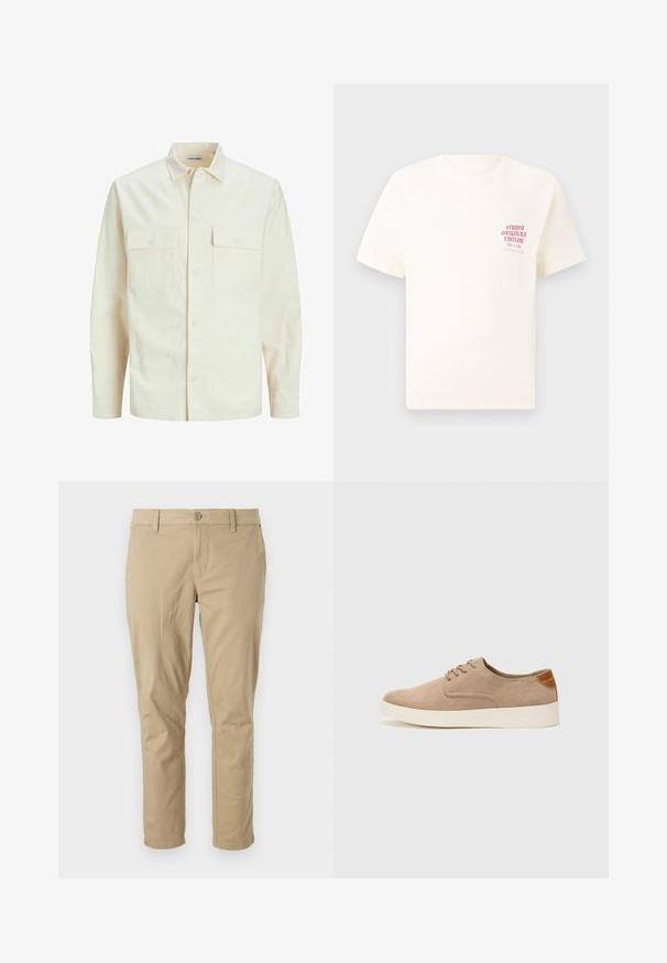 Jasno beżowa koszula z długim rękawem, z kołnierzykiem, dwoma kieszeniami z przodu, zapięciem na guziki i teksturowanym materiałem.; Biała koszulka z krótkim rękawem z czerwonym napisem "Studio Originals Edition" po lewej stronie klatki piersiowej, wyeksponowana na neutralnym szarym tle.; Beżowe spodnie z bawełnianego gabardyny o slim fit, z zapięciem na guzik, szlufkami na pasek i prostymi nogawkami. Gładka faktura, brak zauważalnych wzorów.; Beżowe zamszowe sneakersy z okrągłym noskiem, sznurowanym przodem i teksturowanym akcentem na tyle. Biała gumowa podeszwa tworzy kontrast. Prosty i nowoczesny design.