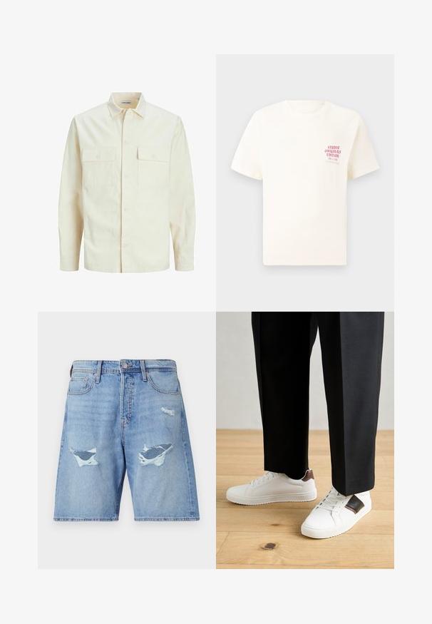 Vaaleanbeige pitkähihaisen paidan, jossa on kaulukset, kaksi etutaskua, nappikiinnitys ja tekstiilissä on tekstuuria.; Valkoinen lyhythihainen t-paita, jossa on punainen teksti "Studio Originals Edition" vasemmalla rinnalla, esitetty neutraalilla harmaalla taustalla.; Vaaleansiniset farkkushortsit, joissa on rento malli. Ne sisältävät kaksi suurempaa kulutettua kohtaa ja hienovaraisia kulutuskohdistuksia kankaassa.; Valkoiset tennarit, joissa on sileä pinta, ruskealla nahka-akentilla ja mustilla yksityiskohdilla, yhdistetty mustiin räätälöityihin housuihin. Taustalla puulattia.