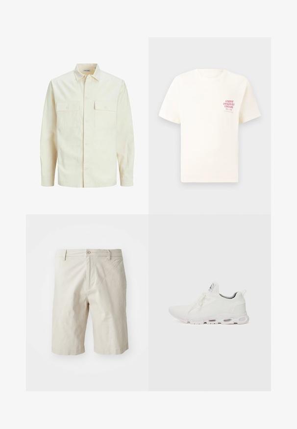 Camisa de manga larga color beige claro con cuello, dos bolsillos frontales, cierre de botones y una tela texturizada.; Camiseta blanca de manga corta con el texto rojo "Edición de Studio Originals" en el lado izquierdo del pecho, exhibida sobre un fondo gris neutro.; Pantalones cortos de algodón beige con cierre de botón en la parte frontal, trabillas para el cinturón y diseño de pierna recta. Textura suave, que termina justo por encima de la rodilla.; Zapatillas deportivas blancas con un upper de punto texturizado, cordones planos y una suela acolchada con cámaras de aire visibles para mayor soporte.