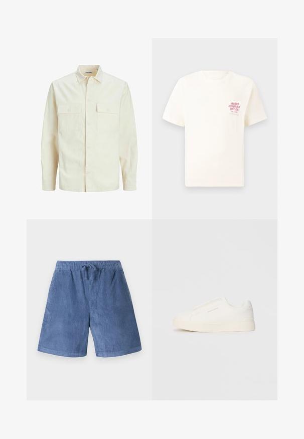 Šviesiai smėlio spalvos ilgomis rankovėmis marškiniai su apykakle, dviem priekinėmis kišenėmis, mygtukų uždarymu ir tekstūruota medžiaga.; Balta trumpa rankovėmis marškinėliai su raudonu užrašu "Studio Originals Edition" kairiajame krūtinės šone, rodomi neutralioje pilkoje aplinkoje.; Mėlyni šortai iš kordūro, su elastinga juosta ir raišteliu. Turi vertikalų briaunotą tekstūrą ir tiesų kojos kirpimą.; Baltos slip-on sportbačiai su tekstūruota paviršiumi, storesniu padu ir minimalistišku dizainu. Šone matosi prekės ženklo logotipas.