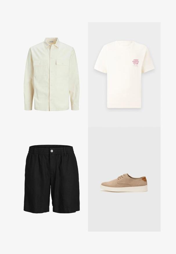 Chemise longue à manches longues beige clair avec un col, deux poches frontales, fermeture à boutons et un tissu texturé.; T-shirt blanc à manches courtes avec le texte rouge "Édition Originals du Studio" sur la poitrine gauche, présenté sur un fond gris neutre.; Jack & Jones Short - black onyx; Baskets en daim beige avec un embout arrondi, un laçage sur le devant et un accent texturé à l'arrière. La semelle en caoutchouc blanche offre un contraste. Design simple et moderne.