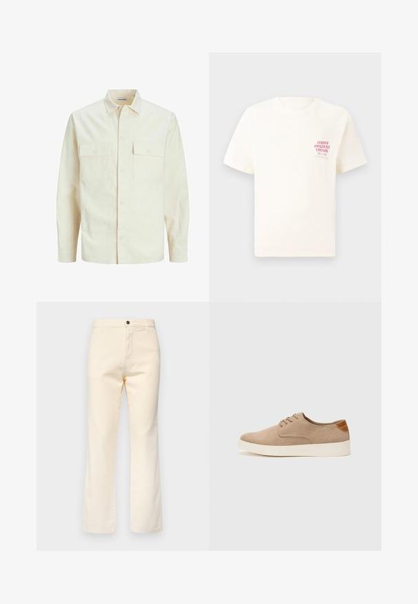 Camisa de manga larga color beige claro con cuello, dos bolsillos frontales, cierre de botones y una tela texturizada.; Camiseta blanca de manga corta con el texto rojo "Edición de Studio Originals" en el lado izquierdo del pecho, exhibida sobre un fondo gris neutro.; Jeans de algodón color crema con un diseño de pierna recta, que cuentan con un cierre frontal de botón y un estilo de cinco bolsillos estándar.; Zapatillas de ante beige con puntera redondeada, cordones en la parte delantera y un acento texturizado en la parte trasera. La suela de goma blanca proporciona contraste. Diseño sencillo y moderno.