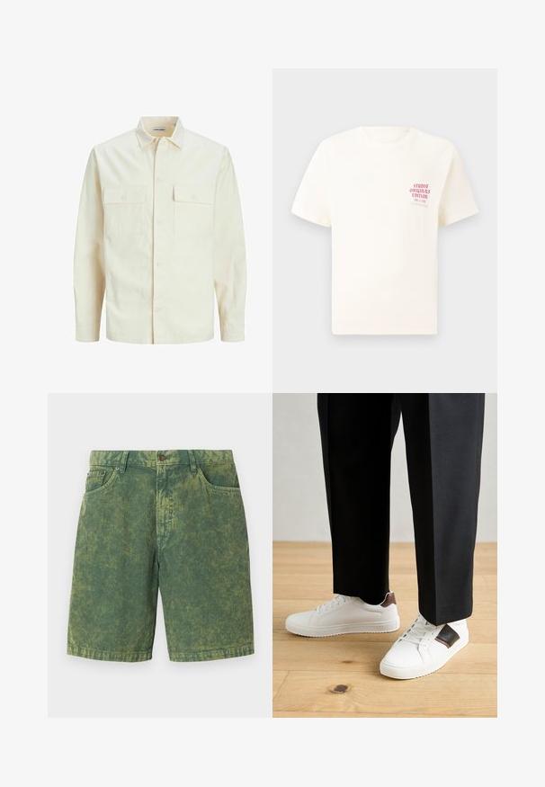 Camicia beige chiaro a maniche lunghe con colletto, due tasche frontali, chiusura a bottoni e un tessuto texturizzato.; T-shirt bianco a maniche corte con testo rosso "Studio Originals Edition" sul lato sinistro del petto, esposto su uno sfondo grigio neutro.; Shorts in cotone verde a coste con un motivo a righe testurizzate, design a cinque tasche e chiusura con bottone. Sottili accenti più chiari in tutto il capo.; Sneakers bianchi dalla texture liscia, con dettagli in pelle marrone e particolari neri, abbinati a pantaloni neri su misura. Sfondo in parquet.