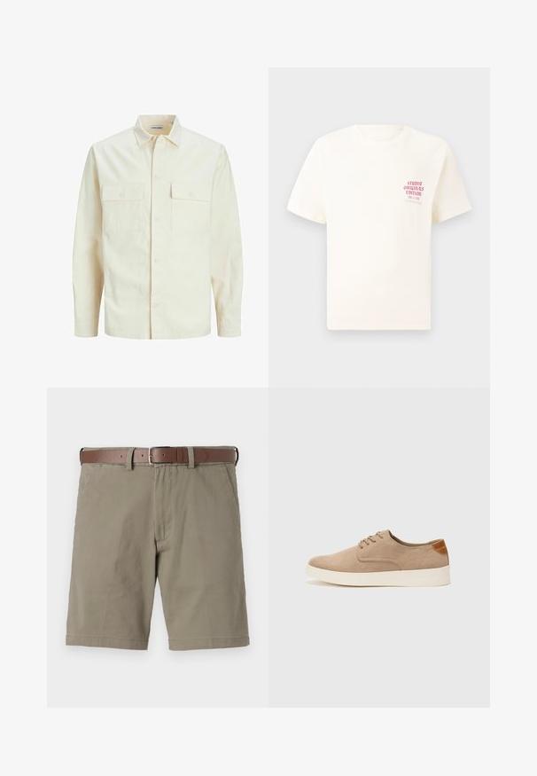 Light beige long-sleeve shirt with a collared neckline, two front pockets, button closure, and a textured fabric.; White short-sleeve T-shirt with red text "Studio Originals Edition" on left chest, displayed on a neutral gray background.; Beige shorts with a relaxed fit, made from cotton fabric. Features a brown leather belt, front pockets, and a clean hem finish.; Beige suede sneakers with a rounded toe, lace-up front, and a textured back accent. White rubber sole provides contrast. Simple and modern design.