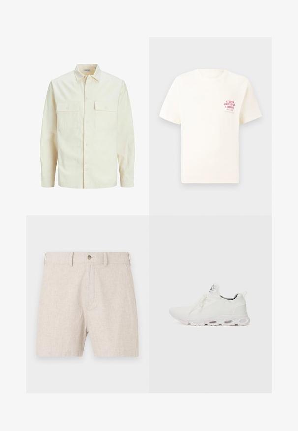 Lichtbeige langemouwen shirt met een kraaghalslijn, twee voorzakken, knoopsluiting en een gestructureerde stof.; Witte T-shirt met korte mouwen met rode tekst "Studio Originals Edition" op de linker borst, weergegeven op een neutrale grijze achtergrond.; Linnen shorts in lichtbeige, met een knoopsluiting en een klassieke snit met een subtiele textuur. Geen zichtbare zakken in het ontwerp.; Witte sportieve schoenen met een gestructureerde gebreide bovenkant, platte veters en een gevoerde zool met zichtbare luchtkamers voor extra ondersteuning.