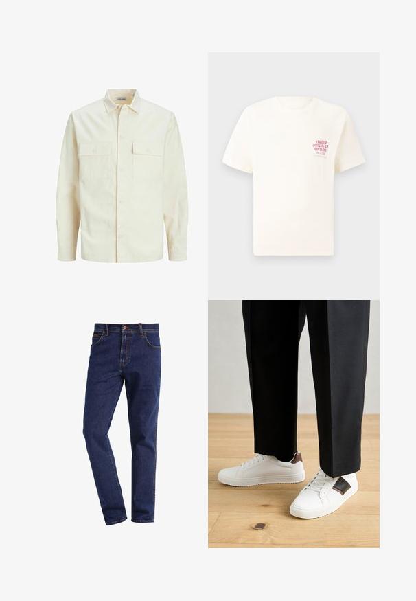 Camisa de manga larga color beige claro con cuello, dos bolsillos frontales, cierre de botones y una tela texturizada.; Camiseta blanca de manga corta con el texto rojo "Edición de Studio Originals" en el lado izquierdo del pecho, exhibida sobre un fondo gris neutro.; Jeans de mezclilla de pierna recta en azul oscuro con bolsillos frontales, cierre de botón, lazos para cinturón y costuras visibles.; Zapatillas blancas con textura suave, con acentos de cuero marrón y detalles en negro, combinadas con pantalones negros ajustados. Fondo de suelo de madera.