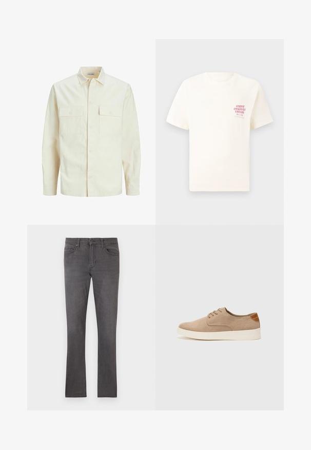 Világos bézs színű, hosszú ujjú ing, galléros nyakkal, két elülső zsebbel, gombos záródással és struktúrált anyaggal.; Fehér, rövid ujjú póló, bal mellen piros szöveggel "Studio Originals Edition", semleges szürke háttér előtt.; Férfi, slim fit szürke farmernadrág, elülső zsebekkel, övbújtatókkal és gombos zárással, fehér háttérrel.; Beige velúr sportcipő, kerek orral, fűzős elülső résszel és textúrált hátsó részlettel. Fehér gumitalp kontrasztot ad. Egyszerű és modern design.