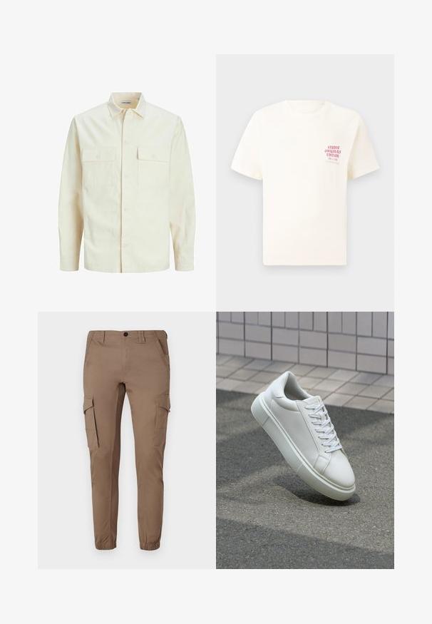 Lys beige langærmet skjorte med krave, to forlommer, knaplukning og et tekstureret stof.; Hvid kortermet T-shirt med rød tekst "Studio Originals Edition" på venstre bryst, vist på en neutral grå baggrund.; Lystebrune cargo bukser med elastiske manchetter, flere sidelommer og en fitted design, lavet af et glat, slidstærkt materiale.; Hvide lædersneakers med en glat overflade, rund tå og flade hvide snørebånd. Har en tekstureret gummisål og minimalt design.