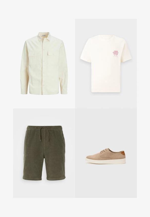 Hellbeige Langarmhemd mit klassischem Kragen, zwei Fronttaschen, Knopfverschluss und strukturiertem Stoff.; Weißes T-Shirt mit kurzen Ärmeln und rotem Text "Studio Originals Edition" auf der linken Brust, präsentiert vor einem neutralen grauen Hintergrund.; Olivgrüne Cordshorts mit elastischem Bund, verstellbarem Kordelzug und umgeschlagenen Säumen. Strukturierter Stoff mit weichem Finish.; Beige Wildleder-Sneaker mit runder Zehenpartie, Schnürung und strukturiertem Rückenteil. Die weiße Gummisohle sorgt für einen Kontrast. Einfaches und modernes Design.