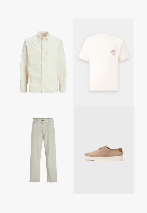 Lichtbeige langemouwen shirt met een kraaghalslijn, twee voorzakken, knoopsluiting en een gestructureerde stof.; Witte T-shirt met korte mouwen met rode tekst "Studio Originals Edition" op de linker borst, weergegeven op een neutrale grijze achtergrond.; Licht beige denim jeans met een recht model, vijf-pocket stijl en een knoopsluiting bij de taille, met minimale stikdetails.; Beige suède sneakers met een ronde neus, vetersluiting aan de voorkant en een getextureerde achteraccent. De witte rubberen zool zorgt voor contrast. Eenvoudig en modern ontwerp.