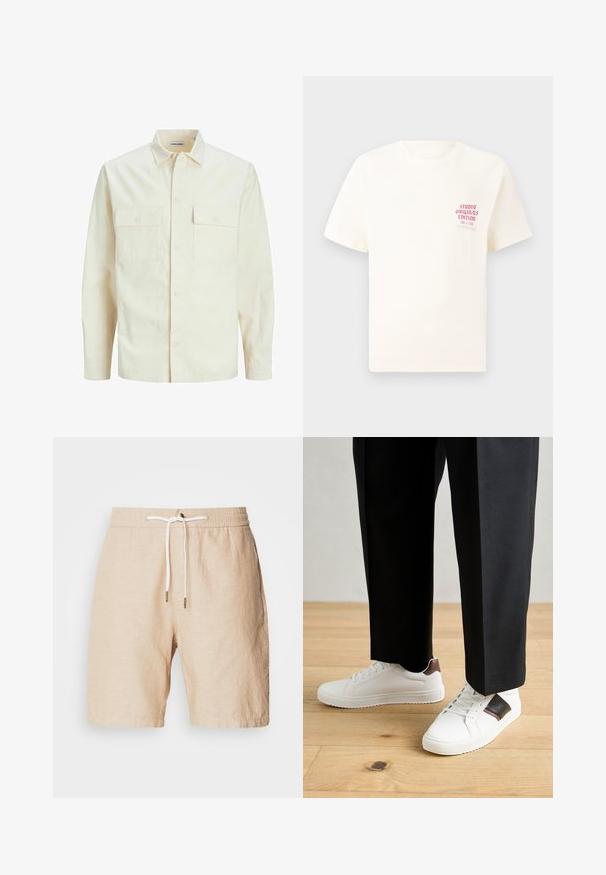 Kergedbež pika-särk pikkade varrukatega, krae ja kahe eespool asuva taskuga, nööpidega kinnitamine ja reljeefne materjal.; Valge lühikeste varrukatega T-särk, millel on vasakul rinnal punane tekst "Studio Originals Edition", esitatud neutraalsel hallil taustal.; Beeži lina lühikesed püksid elastse vöökoha, reguleeritava nööriga ja küljetaskutega. Siledad tekstuurid, põlvekohani ulatuv lõige, minimaalne detailide arv.; Valged sneakersid siledat tekstuurist, millel on pruunad nahast detailid ja mustad aksessuaarid, millele on sobitatud mustad kohandatud püksid. Puitpõranda taust.