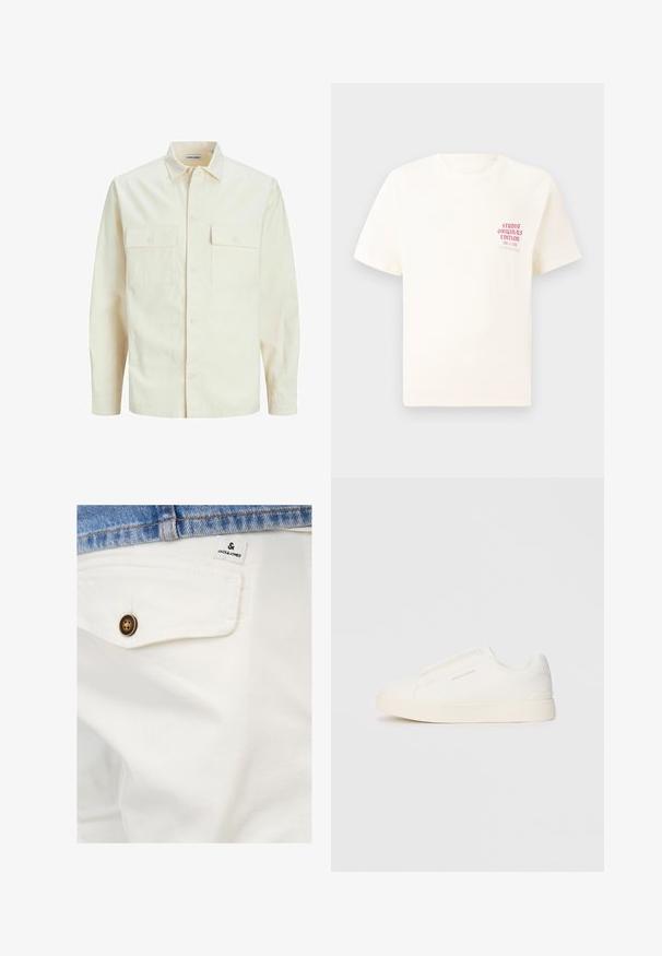 Kergedbež pika-särk pikkade varrukatega, krae ja kahe eespool asuva taskuga, nööpidega kinnitamine ja reljeefne materjal.; Valge lühikeste varrukatega T-särk, millel on vasakul rinnal punane tekst "Studio Originals Edition", esitatud neutraalsel hallil taustal.; Valged puuvillased lühikesed püksid esikotsega, millel on pruun nupp ja väike JACK & JONES silt vöökohal.; Valged libisemiskindlad tossud tekstuuriga pinnaga, paksu tallaga ja minimalistikus disainis. Küljel on brändi logo.