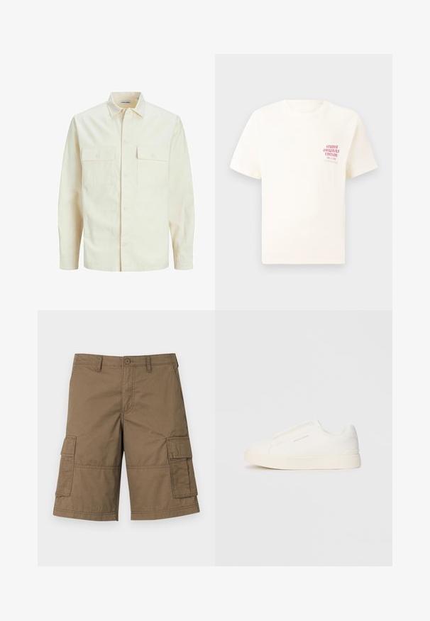 Chemise longue à manches longues beige clair avec un col, deux poches frontales, fermeture à boutons et un tissu texturé.; T-shirt blanc à manches courtes avec le texte rouge "Édition Originals du Studio" sur la poitrine gauche, présenté sur un fond gris neutre.; Shorts en coton marron, style cargo, avec de multiples poches latérales, un système de fermeture à bouton et des détails cousus. Design classique à longueur de genou.; Baskets blanches sans lacets avec une surface texturée, une semelle épaisse et un design minimaliste. Présente le logo de la marque sur le côté.