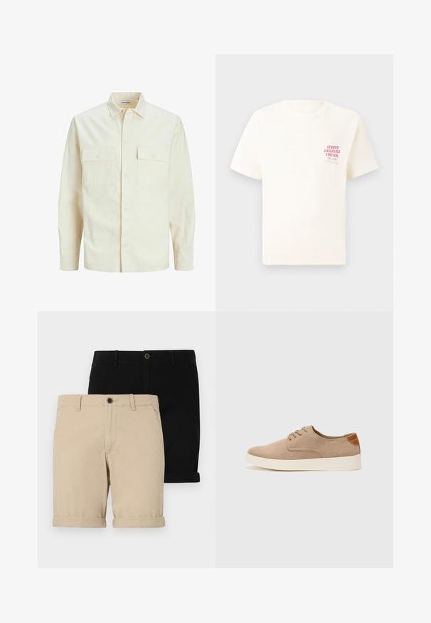 Svijetlo bež košulja dugih rukava s ovratnikom, dva prednja džepa, zatvaranje na dugmad i teksturirani materijal.; Bijela kratka majica s kratkim rukavima s crvenim natpisom "Studio Originals Edition" na lijevoj strani grudi, prikazana na neutralnoj sivoj pozadini.; Dva para smotanih kratkih hlača: jedne bež i jedne crne, izrađene od gladkog materijala, s prednjim dugmetom i klasičnim dizajnom.; Bež nubuk tenisice s okruglim vrhom, vezanjem sprijeda i teksturiranim stražnjim naglaskom. Bijela gumena potpetica pruža kontrast. Jednostavan i moderan dizajn.