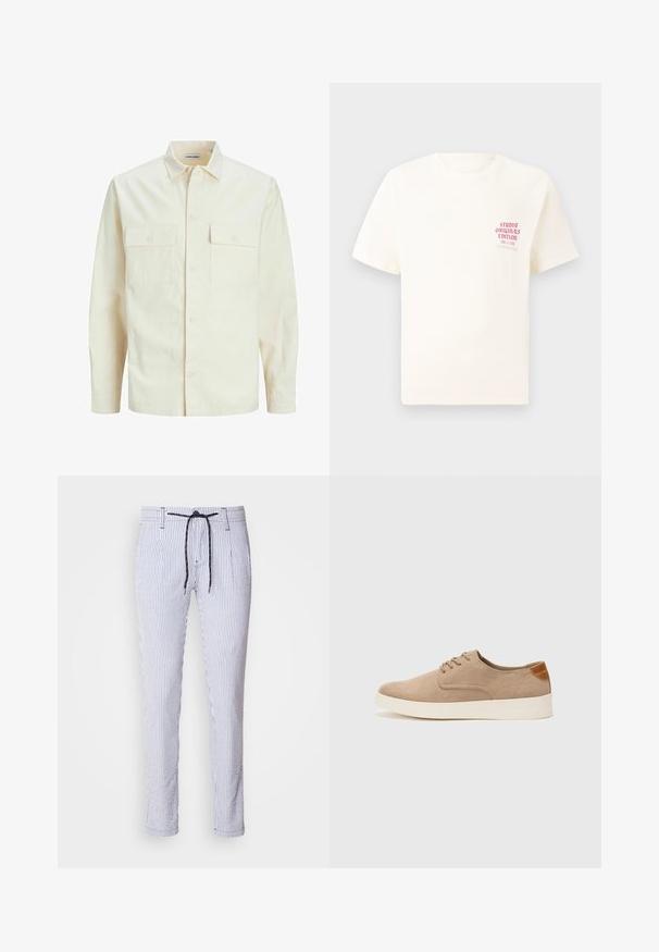 Svijetlo bež košulja dugih rukava s ovratnikom, dva prednja džepa, zatvaranje na dugmad i teksturirani materijal.; Bijela kratka majica s kratkim rukavima s crvenim natpisom "Studio Originals Edition" na lijevoj strani grudi, prikazana na neutralnoj sivoj pozadini.; Prugaste hlače od svijetloplavog i bijelog pamuka, sa strukom na uže, bočnim džepovima, i uskim krojem s suženim nogavicama.; Bež nubuk tenisice s okruglim vrhom, vezanjem sprijeda i teksturiranim stražnjim naglaskom. Bijela gumena potpetica pruža kontrast. Jednostavan i moderan dizajn.