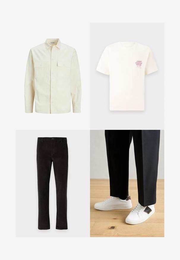 Světle béžová košile s dlouhým rukávem, límečkem, dvěma předními kapsami, zapínáním na knoflíky a strukturovanou tkaninou.; Bílý krátký rukávový tričko s červeným textem "Studio Originals Edition" na levé hrudi, vystavené na neutrálním šedém pozadí.; Černé manšestrové kalhoty se straight-leg střihem, s jedním zapínáním na knoflík a jemnou strukturou. Minimalistický styl bez viditelných vzorů.; Bílé tenisky s hladkým povrchem, s hnědými koženými akcenty a černými detaily, kombinované s černými kalhotami na míru. Pozadí tvoří dřevěná podlaha.