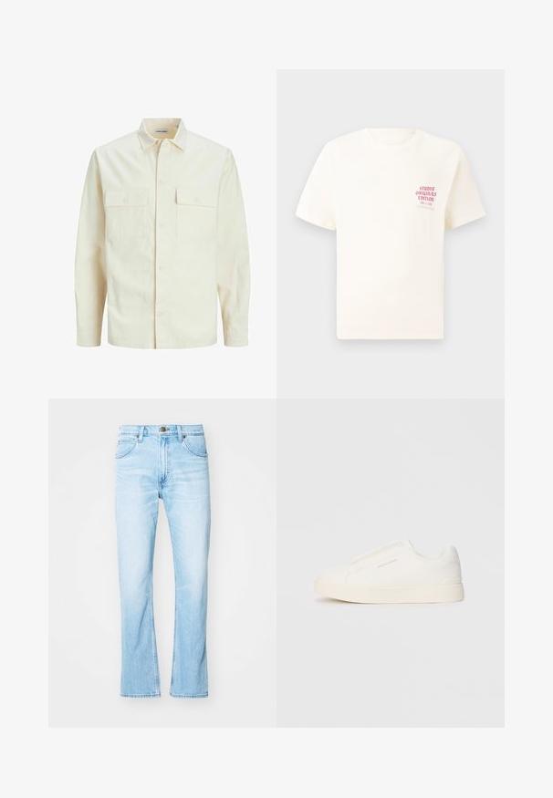 Svetlo bež srajca z dolgimi rokavi, ovratnim izrezom, dvema sprednjima žepoma, zapenjanjem na gumbe in teksturirano tkanino.; Bela majica s kratkimi rokavi z rdečim napisom "Studio Originals Edition" na levi strani prsnega koša, prikazana na nevtralnem sivo backgroundu.; Svijetloplave traperice sa ravnim nogavicama, pet džepova, prednjim kopčanjem na dugme i kontrastnim šavovima. Glatka tekstura s izblijedjelim dijelovima.; Bele zapete brez vezalk z teksturirano površino, debelim podplatom in minimalističnim dizajnom. Na strani se nahaja logotip blagovne znamke.