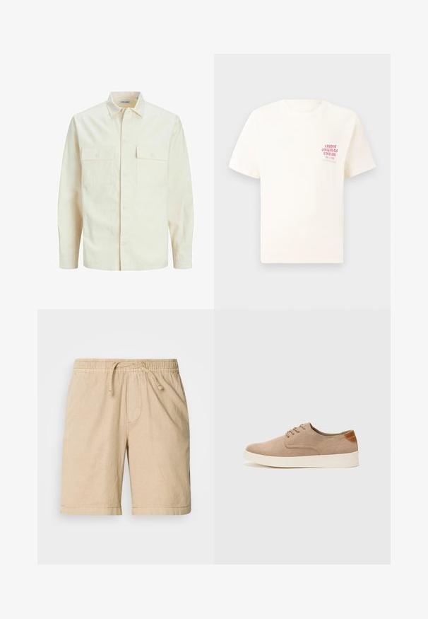 Svijetlo bež košulja dugih rukava s ovratnikom, dva prednja džepa, zatvaranje na dugmad i teksturirani materijal.; Bijela kratka majica s kratkim rukavima s crvenim natpisom "Studio Originals Edition" na lijevoj strani grudi, prikazana na neutralnoj sivoj pozadini.; Bež pamuk šortsevi s elastičnim pojasom, vezicom, bočnim džepovima i opuštenim krojem. Glatka tekstura i dizajn do koljena.; Bež nubuk tenisice s okruglim vrhom, vezanjem sprijeda i teksturiranim stražnjim naglaskom. Bijela gumena potpetica pruža kontrast. Jednostavan i moderan dizajn.