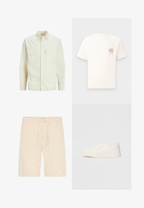 Lys beige langærmet skjorte med krave, to forlommer, knaplukning og et tekstureret stof.; Hvid kortermet T-shirt med rød tekst "Studio Originals Edition" på venstre bryst, vist på en neutral grå baggrund.; Beige bomulds shorts med elastisk talje, justerbar snor og opkrøllet kant, designet til afslappet brug.; Hvide slip-on sneakers med en struktureret overflade, en tyk sål og et minimalistisk design. Har brandlogoet på siden.