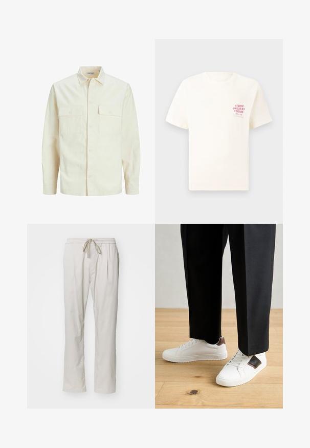 Kergedbež pika-särk pikkade varrukatega, krae ja kahe eespool asuva taskuga, nööpidega kinnitamine ja reljeefne materjal.; Valge lühikeste varrukatega T-särk, millel on vasakul rinnal punane tekst "Studio Originals Edition", esitatud neutraalsel hallil taustal.; Heledad beige, kerged õhukesed püksid elastse vöökoha ja nööriga. Omab kahte külgtaskut ja sirget lõiget.; Valged sneakersid siledat tekstuurist, millel on pruunad nahast detailid ja mustad aksessuaarid, millele on sobitatud mustad kohandatud püksid. Puitpõranda taust.