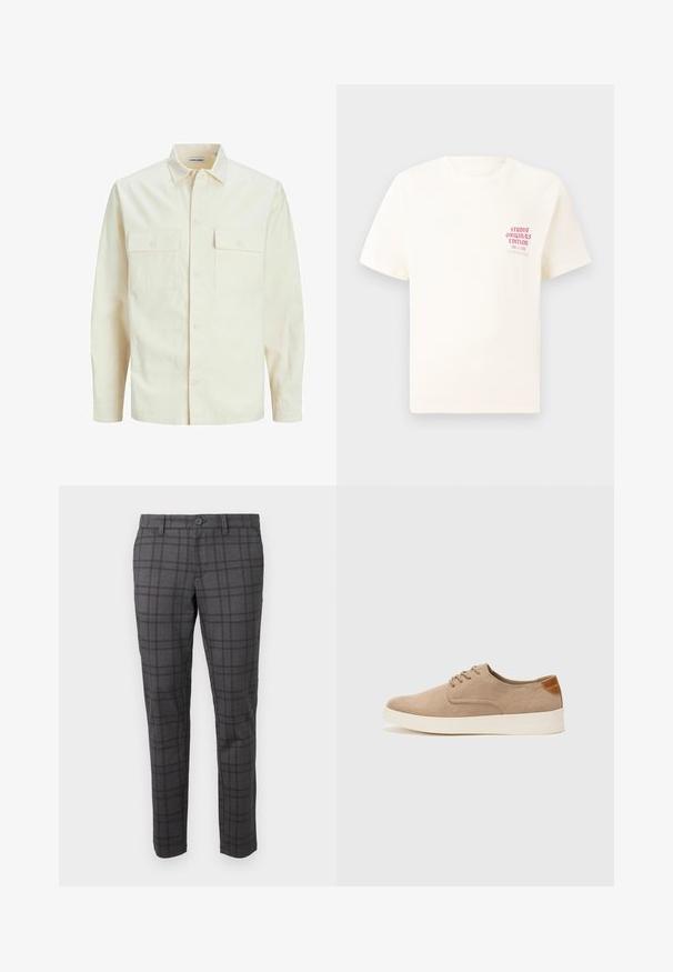 Lichtbeige langemouwen shirt met een kraaghalslijn, twee voorzakken, knoopsluiting en een gestructureerde stof.; Witte T-shirt met korte mouwen met rode tekst "Studio Originals Edition" op de linker borst, weergegeven op een neutrale grijze achtergrond.; Grijze geruite broeken gemaakt van een gestructureerde stof, met een slankere pasvorm, riemlussen en een enkele knoopsluiting in de taille.; Beige suède sneakers met een ronde neus, vetersluiting aan de voorkant en een getextureerde achteraccent. De witte rubberen zool zorgt voor contrast. Eenvoudig en modern ontwerp.