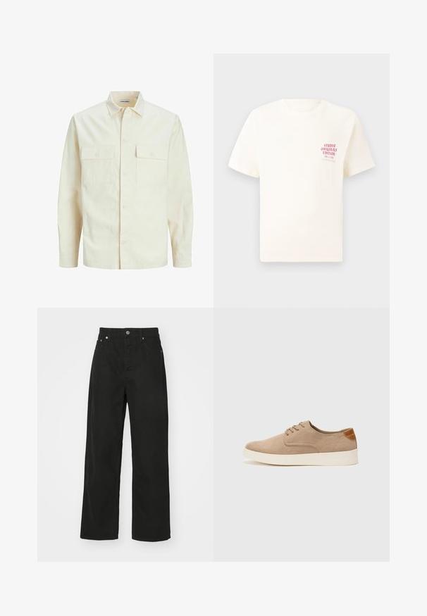 Camicia beige chiaro a maniche lunghe con colletto, due tasche frontali, chiusura a bottoni e un tessuto texturizzato.; T-shirt bianco a maniche corte con testo rosso "Studio Originals Edition" sul lato sinistro del petto, esposto su uno sfondo grigio neutro.; Pantaloni in denim nero con design a gamba dritta, dotati di cinque tasche, chiusura con bottone e vita classica. Tessuto morbido.; Sneaker in suede beige con punta arrotondata, stringhe davanti e un accento testurizzato sul retro. La suola in gomma bianca offre un contrasto. Design semplice e moderno.