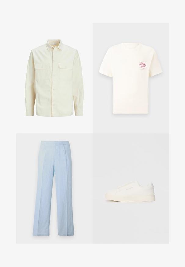 Svetlo bež srajca z dolgimi rokavi, ovratnim izrezom, dvema sprednjima žepoma, zapenjanjem na gumbe in teksturirano tkanino.; Bela majica s kratkimi rokavi z rdečim napisom "Studio Originals Edition" na levi strani prsnega koša, prikazana na nevtralnem sivo backgroundu.; Svetlo modri široki hlače iz mehkega blaga z rebrasto teksturo in elastičnim pasom, ki vsebujejo sprednje gube in sproščen kroj.; Bele zapete brez vezalk z teksturirano površino, debelim podplatom in minimalističnim dizajnom. Na strani se nahaja logotip blagovne znamke.