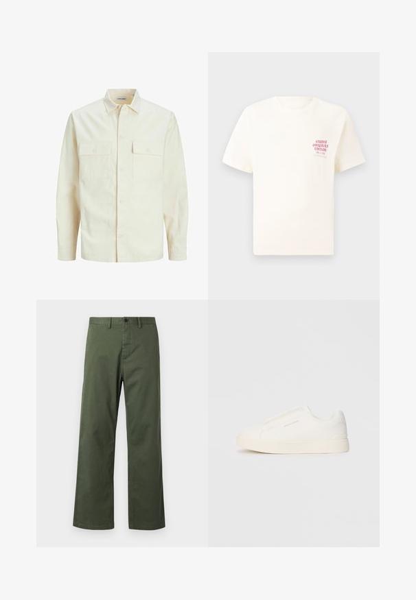 Lys beige langærmet skjorte med krave, to forlommer, knaplukning og et tekstureret stof.; Hvid kortermet T-shirt med rød tekst "Studio Originals Edition" på venstre bryst, vist på en neutral grå baggrund.; Grønne brede bukser lavet af en bomuldsblanding, med knaplukning, bæltestropper og en subtil vertikal struktur.; Hvide slip-on sneakers med en struktureret overflade, en tyk sål og et minimalistisk design. Har brandlogoet på siden.