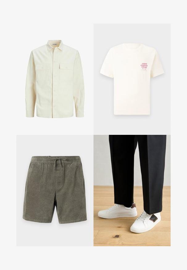 Jasno beżowa koszula z długim rękawem, z kołnierzykiem, dwoma kieszeniami z przodu, zapięciem na guziki i teksturowanym materiałem.; Biała koszulka z krótkim rękawem z czerwonym napisem "Studio Originals Edition" po lewej stronie klatki piersiowej, wyeksponowana na neutralnym szarym tle.; Szorty z korduroyu w oliwkowym kolorze, z elastycznym paskiem w talii i sznurkiem do regulacji, teksturowanymi pionowymi prążkami oraz kieszeniami po bokach.; Białe trampki o gładkiej fakturze, z brązowymi skórzanymi akcentami i czarnymi detalami, zestawione z czarnymi eleganckimi spodniami. Tło stanowi drewniana podłoga.