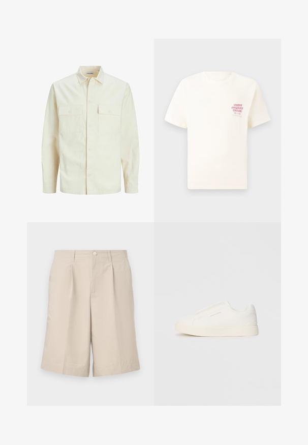 Gai bēšs garām piedurknēm krekls ar apkakles izgriezumu, divām priekšējām kabatām, pogu aizdari un teksturētu audumu.; Balts īsām piedurknēm T-krekls ar sarkanu tekstu "Studio Originals Edition" uz kreisā krūšu, pakārtots neitrālā pelēkā fonā.; Beige pielēti šorti, kas izgatavoti no viegla auduma, ar priekšējo pogu, diviem sānu kabatām un krokas detaļu gar priekšpusi.; Baltas slip-on sporta apavi ar teksturētu virsmu, biezu zoli un minimālistisku dizainu. Sānos redzams zīmola logotips.